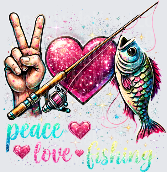 Peace Love Fishing UV DTF Decal with Galaxy Heart and Rainbow Fish