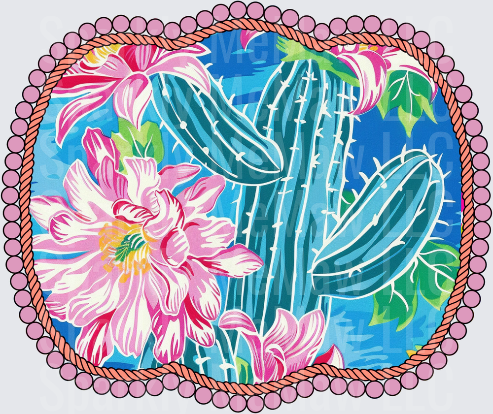 Desert Cactus with Pink Hibiscus Flowers in Pearl Border UV DTF Decal
