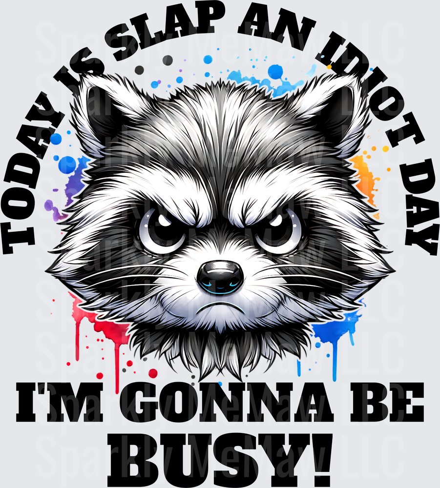 Today is Slap an Idiot Day I'm Gonna Be Busy Angry Raccoon with Colorful Paint Splashes UV DTF Decal