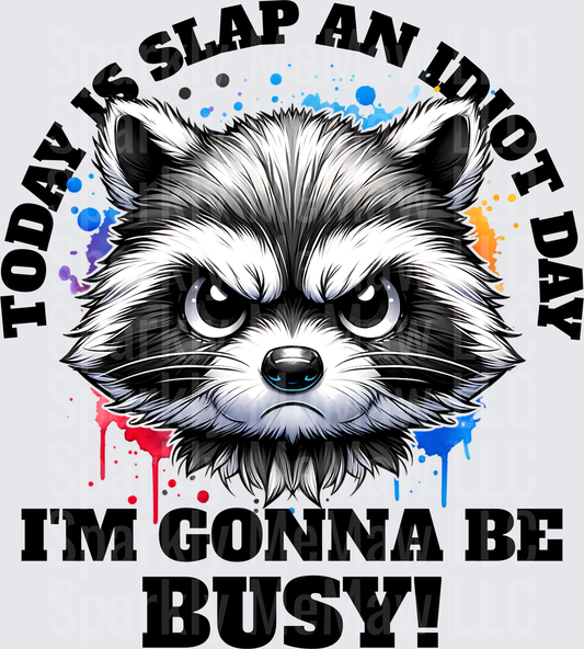 Today is Slap an Idiot Day I'm Gonna Be Busy Angry Raccoon with Colorful Paint Splashes UV DTF Decal