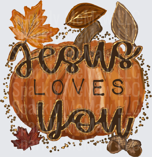 Jesus Loves You Fall Pumpkin with Autumn Leaves and Acorns Gold Script UV DTF Decal