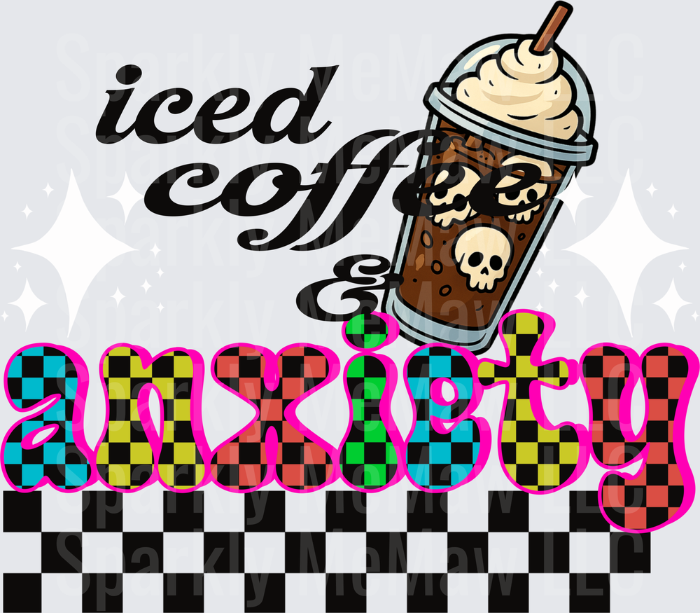 Iced Coffee Anxiety Checkered Pattern DTF Transfer for Fabric