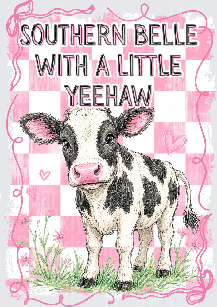 Southern Belle With A Little Yeehaw Cow on Pink Gingham Background UV DTF Decal