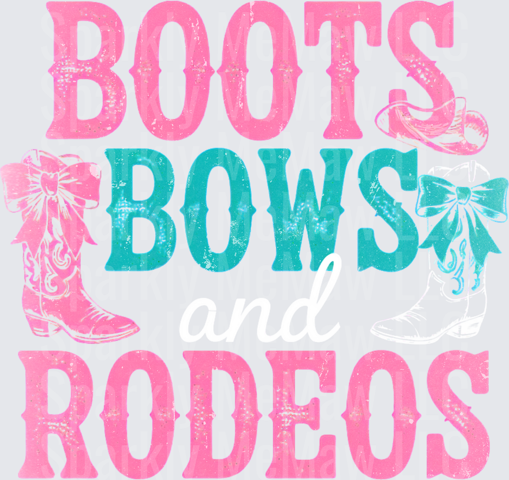 Boots Bows Rodeos Pink Teal Distressed Western Cowgirl DTF Transfer for fabric