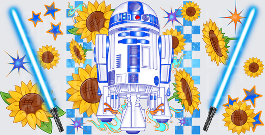 R2-D2 Star Wars Droid with Sunflowers and Lightsabers UV DTF Wrap