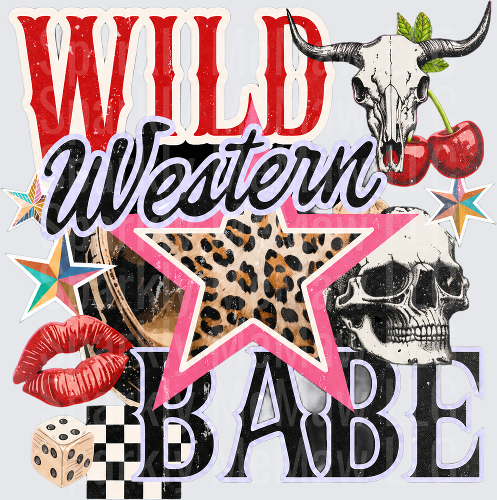 Wild Western Babe UV DTF Decal with Leopard Print Star Bull Skull Cherries Human Skull Red Lips Dice and Checkered Retro Western Collage