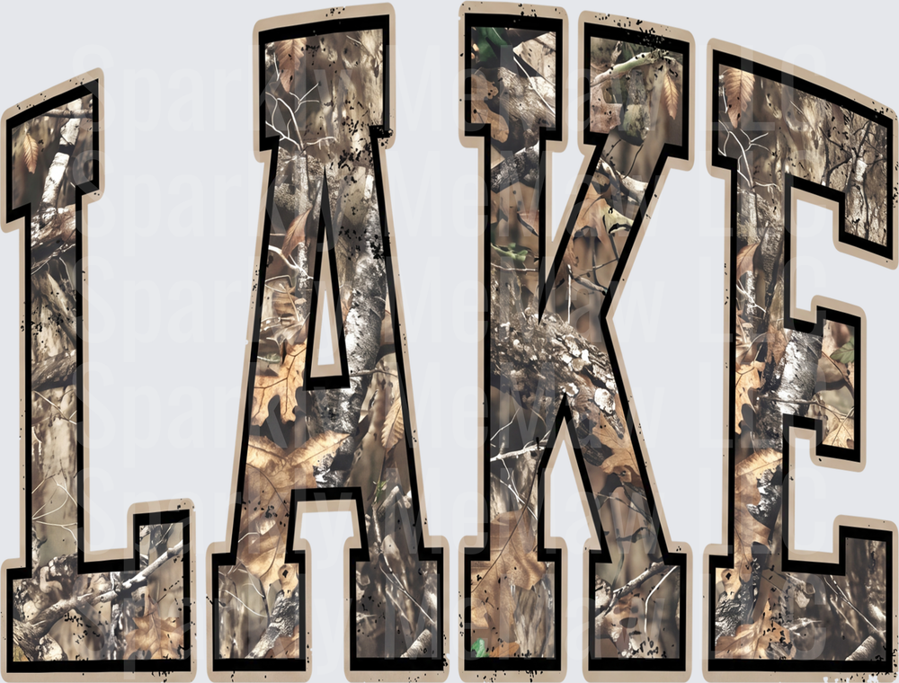 LAKE Text in Camouflage Pattern DTF Transfer for Fabric