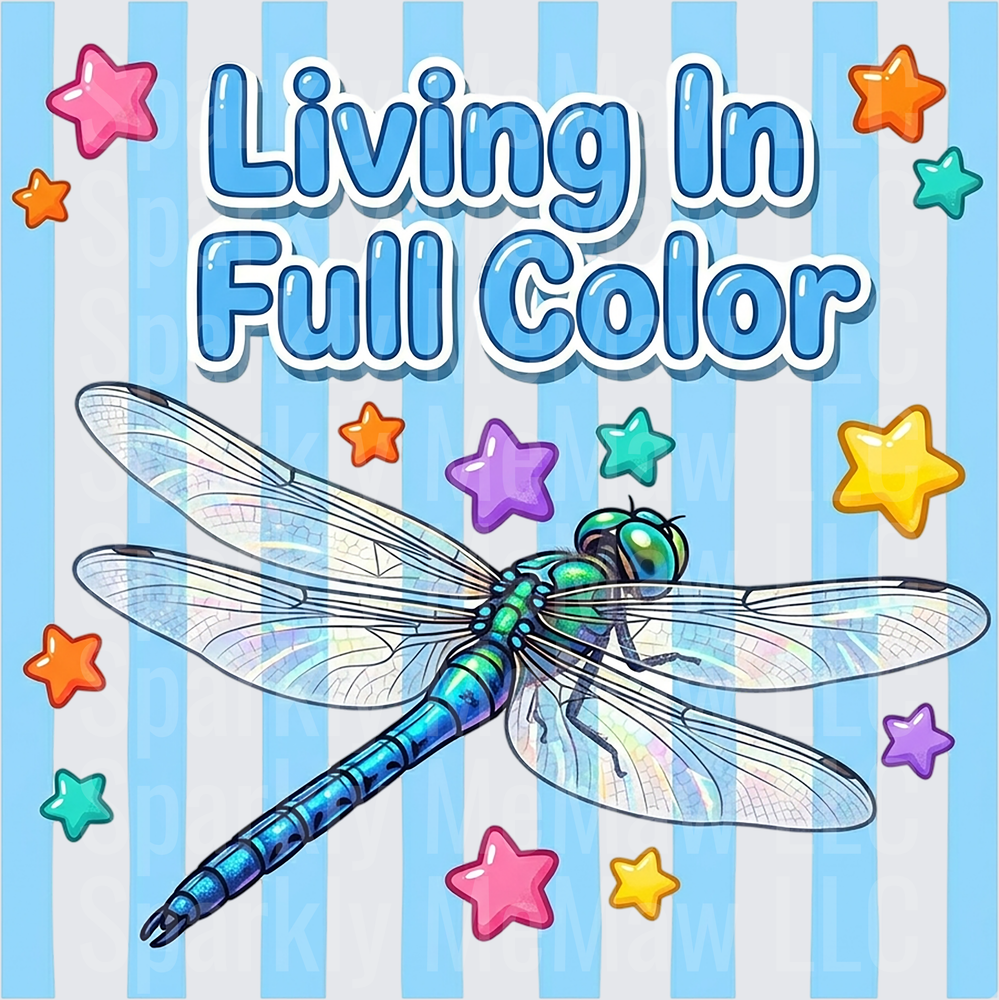 Living In Full Color DTF Transfer for Fabric with Rainbow Dragonfly and Colorful Stars on Blue Striped Background