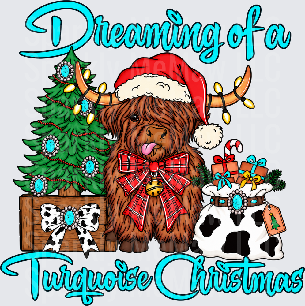 Dreaming of a Turquoise Christmas Highland Cow is a DTF Transfer for Fabrics