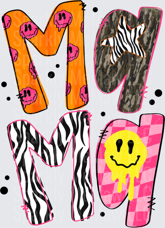Mama Retro Mixed Pattern Letters Orange Camo Zebra Pink Checkered Melting Smiley Face DTF Transfer for Fabrics