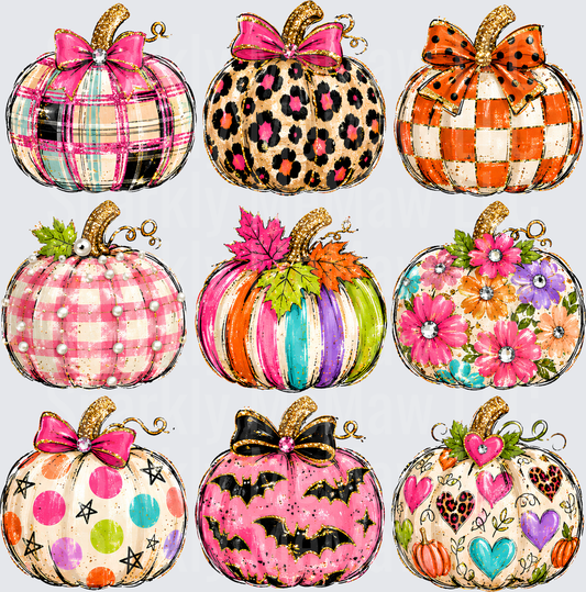 Glam Halloween Pumpkin Bundle Plaid Leopard Checker Floral Bat Hearts Bow Designs UV DTF 10x10 element sheet