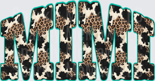 Mimi Cowhide Leopard Print Teal Outline Bold Letters DTF Transfer (fabrics)