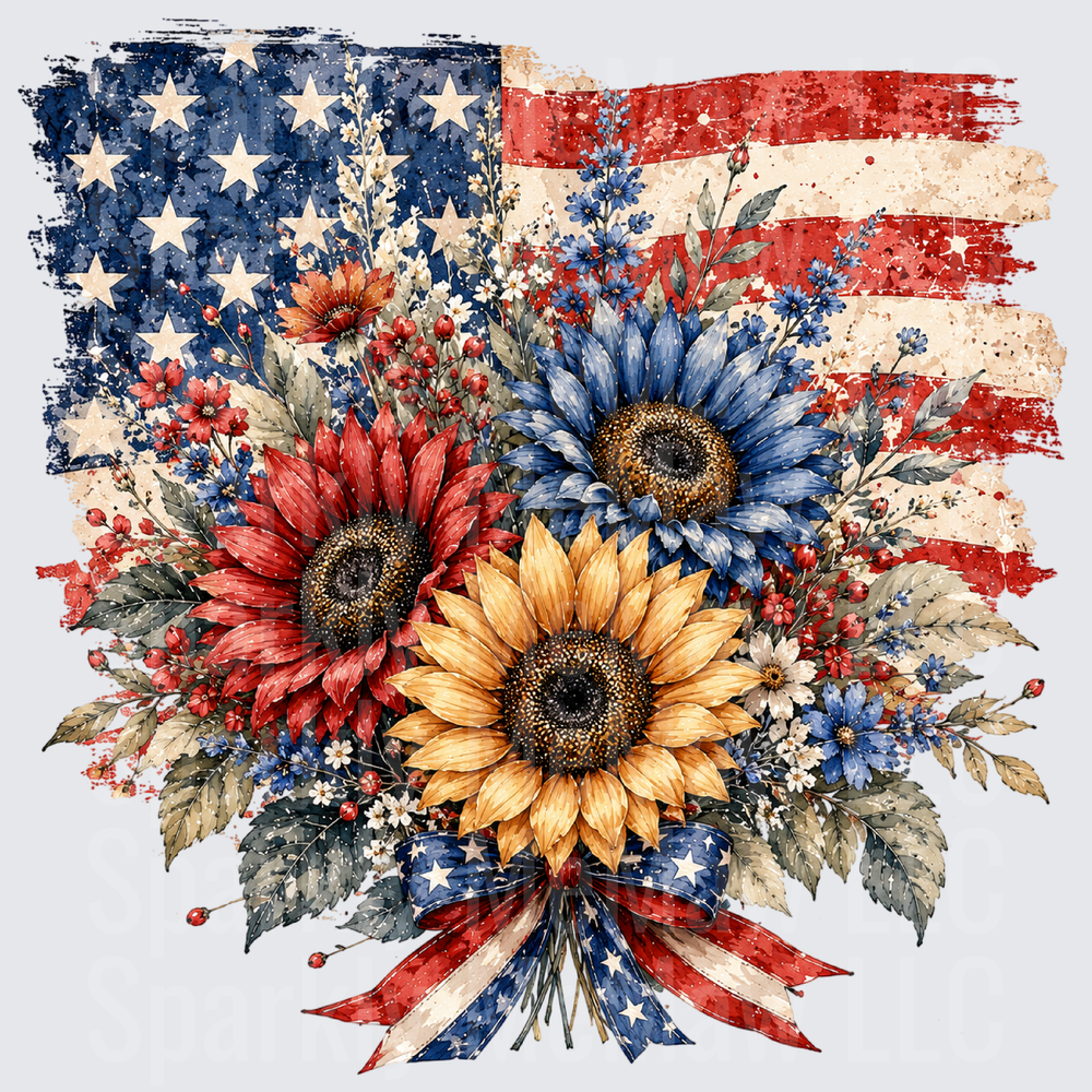 Patriotic Sunflower Bouquet on Distressed American Flag UV DTF Decal