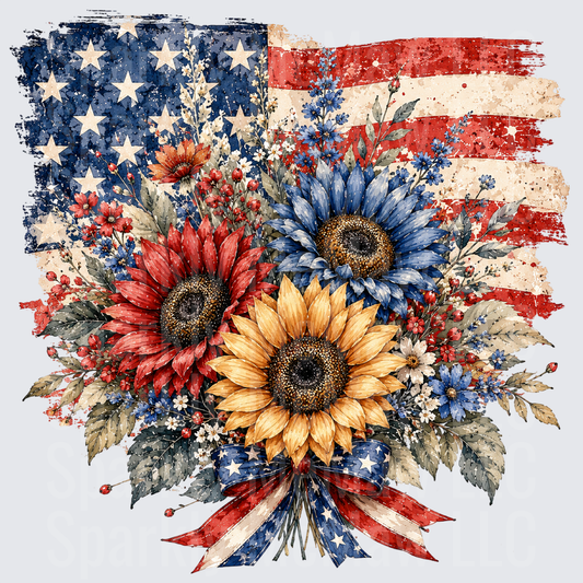 Patriotic Sunflower Bouquet on Distressed American Flag UV DTF Decal