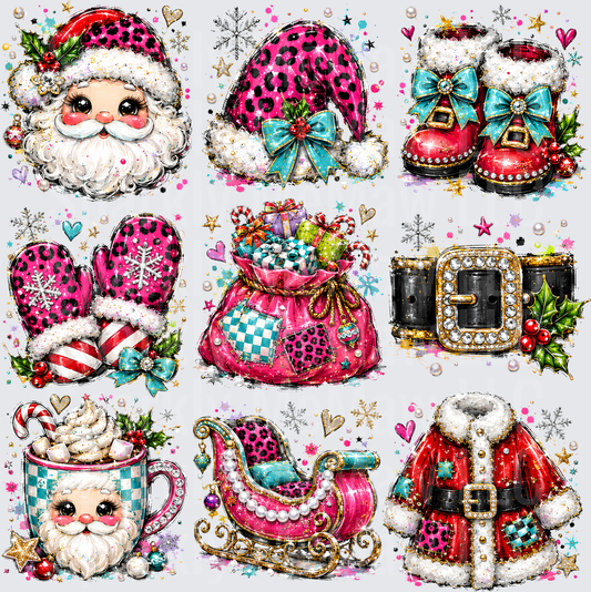 Glam Pink Leopard Christmas Santa Claus Holiday Bundle DTF Transfer for Fabrics