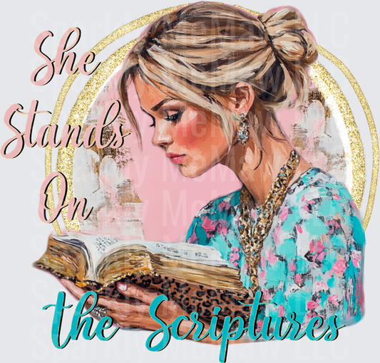 She Stands On The Scriptures Woman Reading Bible With Messy Bun UV DTF Decal