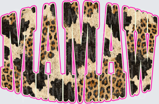 Mamaw Leopard Print Bold Letter Design with Pink Outline DTF Transfer for Fabrics