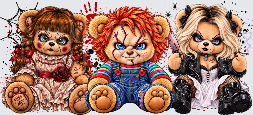 Annabelle Chucky Tiffany Teddy Bears UV DTF 16 oz Wrap