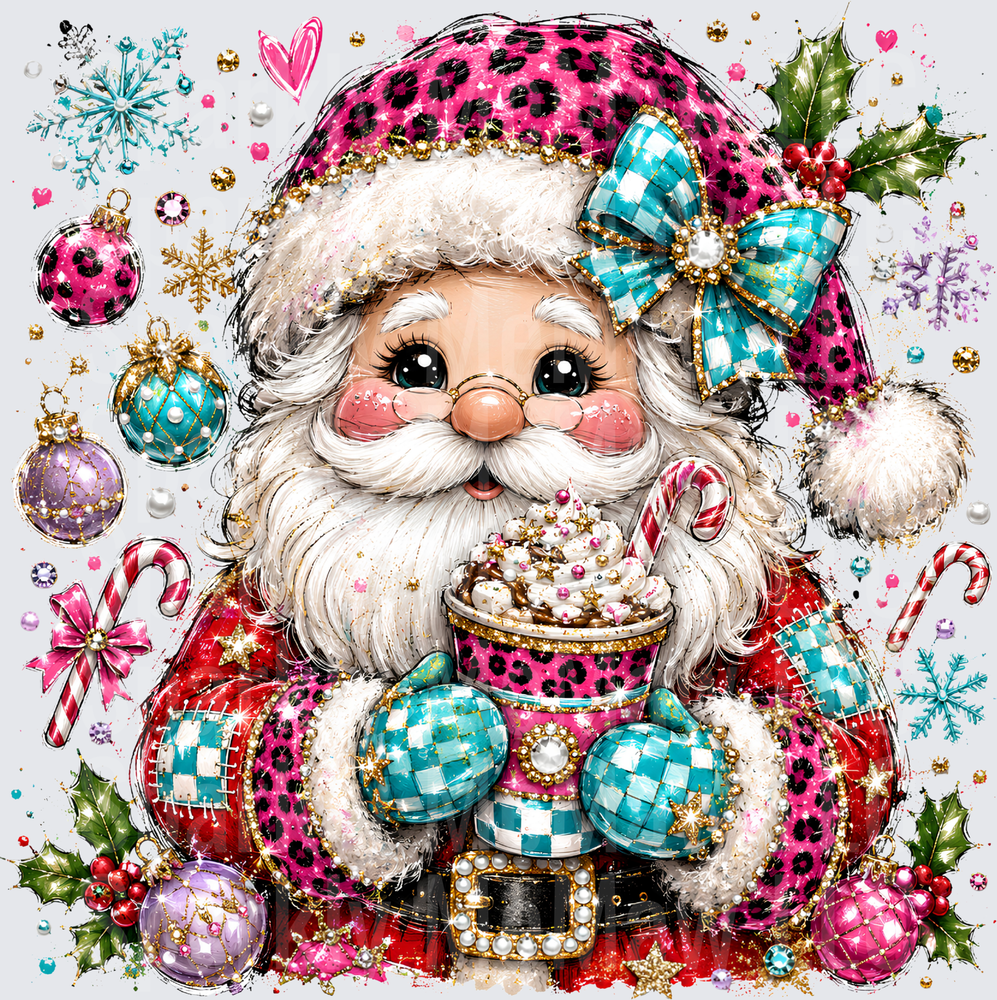 Glamorous Santa Claus Pink Leopard Print Hat Teal Checkered Mittens Hot Cocoa Candy Cane Christmas uv dtf decal