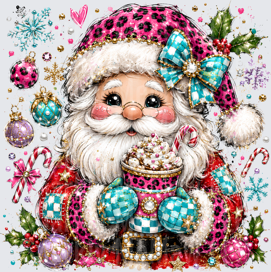 Glamorous Santa Claus Pink Leopard Print Hat Teal Checkered Mittens Hot Cocoa Candy Cane Christmas uv dtf decal