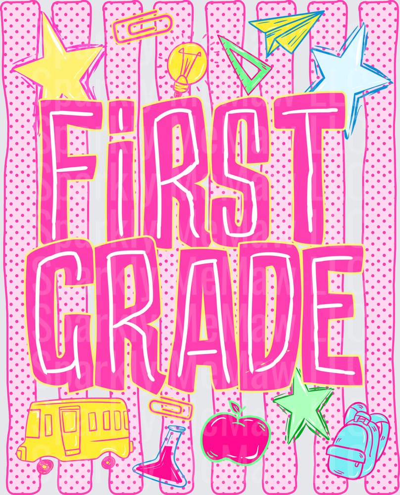 First Grade School Celebration with Star Apple Backpack School Bus and Paper Airplane DTF Transfer for Fabric