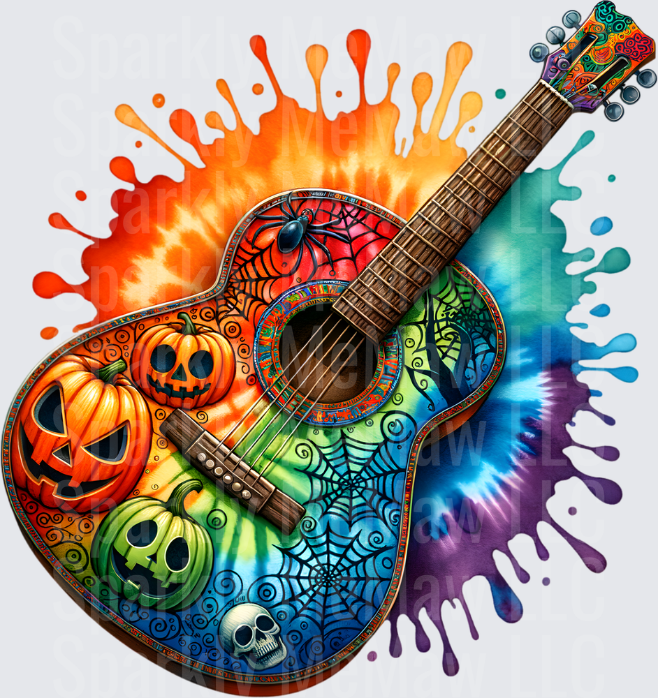 Halloween Acoustic Guitar with Jack-o'-Lanterns Spider Web and Skull Design DTF Transfer for Fabric