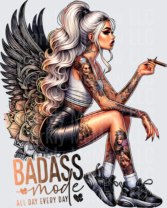 Badass Mode All Day Every Day Tattooed Angel Woman with Black Wings UV DTF Decal
