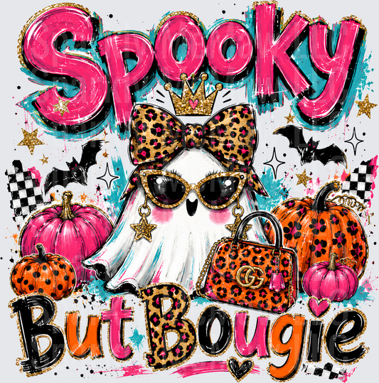 Spooky But Bougie Glam Ghost with Leopard Print Bow Crown Sunglasses Designer Bag Halloween Pumpkins Bats DTF Transfer for Fabrics