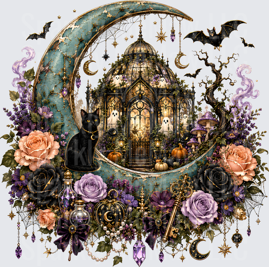 Whimsical Gothic Halloween Crescent Moon Greenhouse Black Cat Ghosts Bats Roses Pumpkins Mushrooms Crystals UV DTF Decal