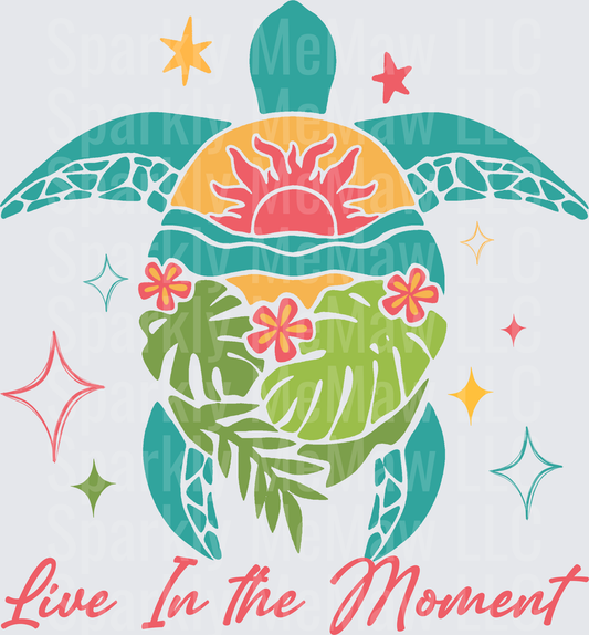 Teal Sea Turtle Tropical Sunset Monstera Floral Live In The Moment UV DTF Decal