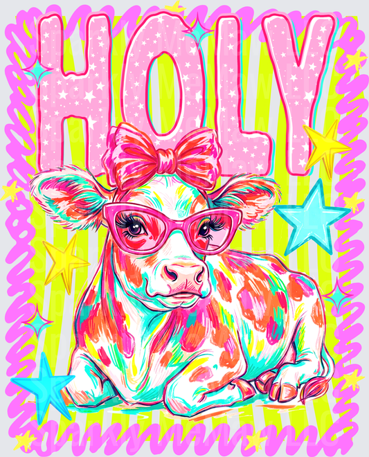 Holy Cow Retro Pop Art Calf with Pink Bow and Cat Eye Glasses DTF Transfer for Fabrics