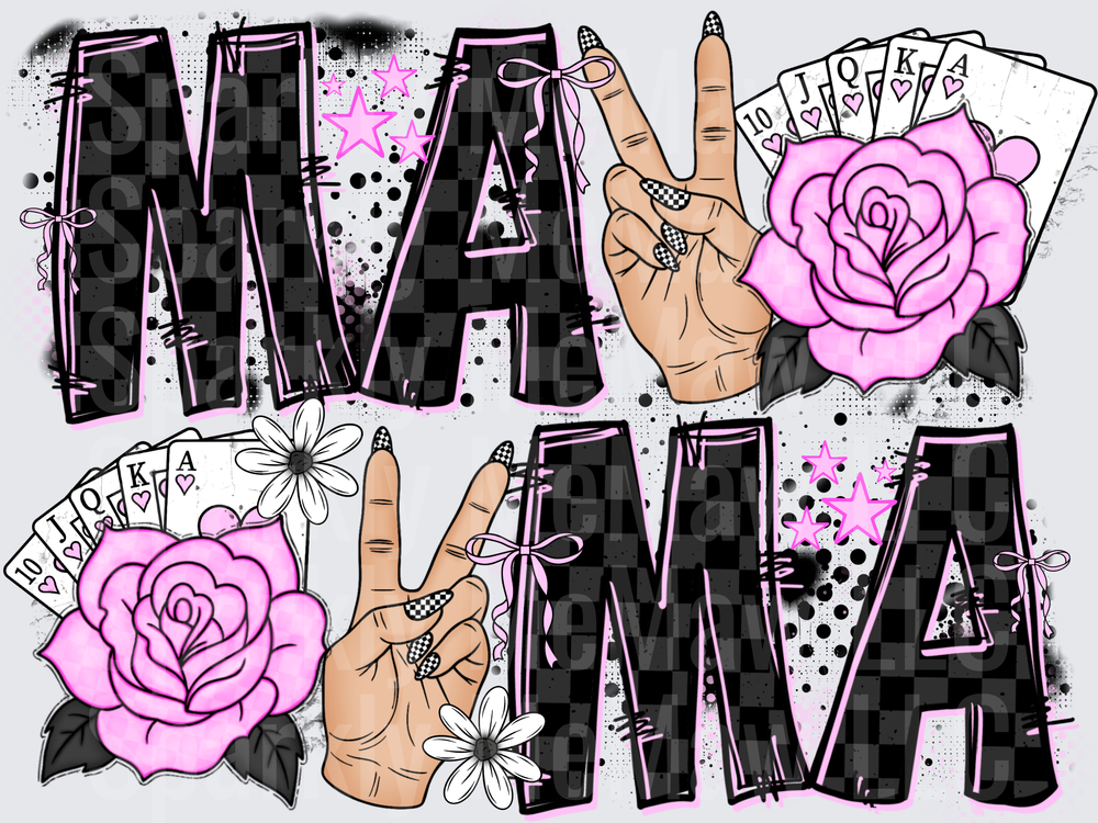 MAMA Checkered Letters with Pink Roses Peace Sign Playing Cards