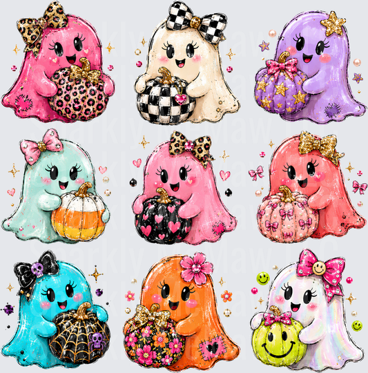 Cute Girly Halloween Ghost Bundle with Decorative Pumpkins Bows and Sparkles UV DTF 10x10 element sheet