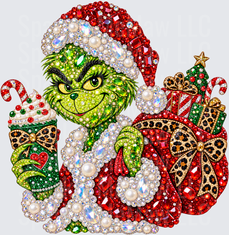 Grinch Christmas Rhinestone Bling UV DTF Decal