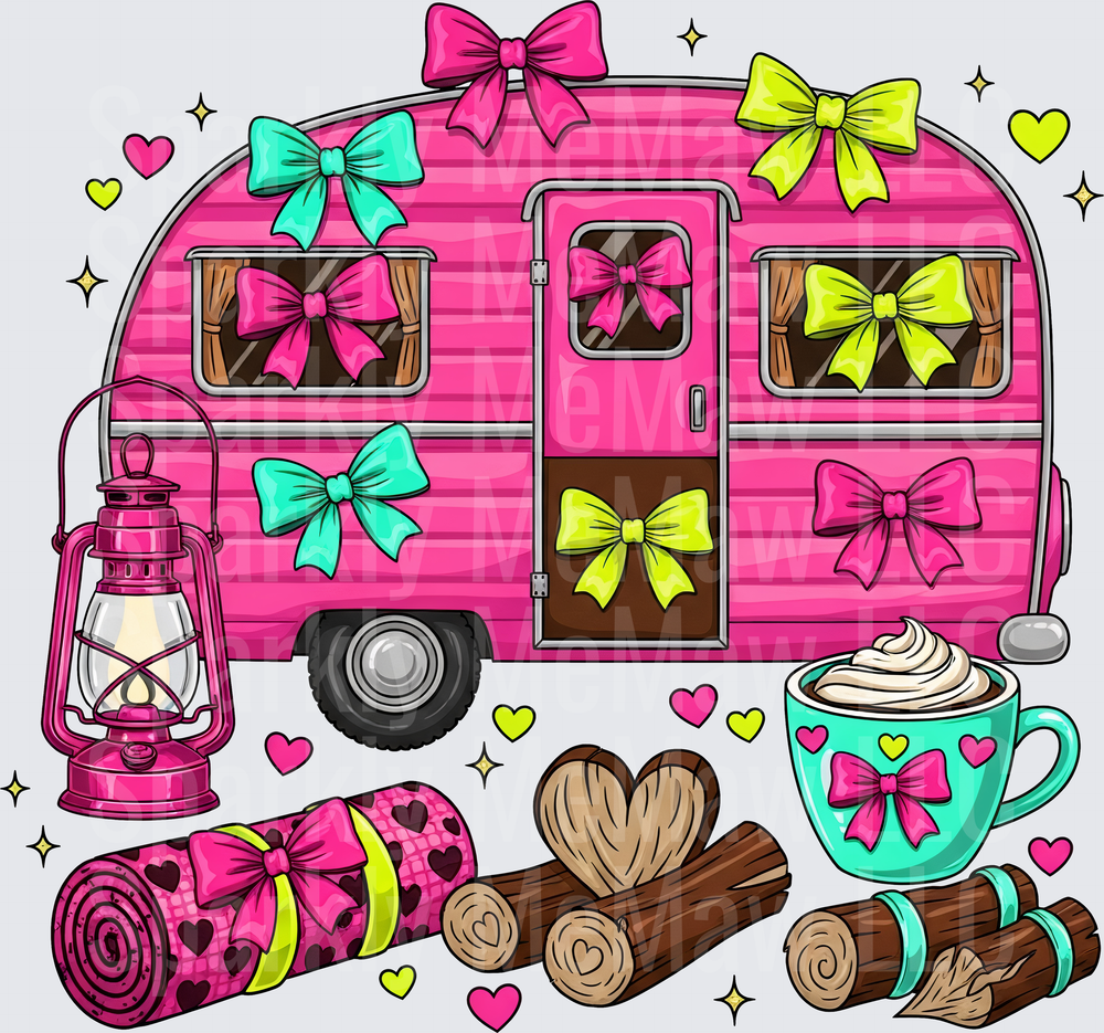 Pink Camper Trailer with Colorful Bows Camping Adventure Scene UV DTF Decal