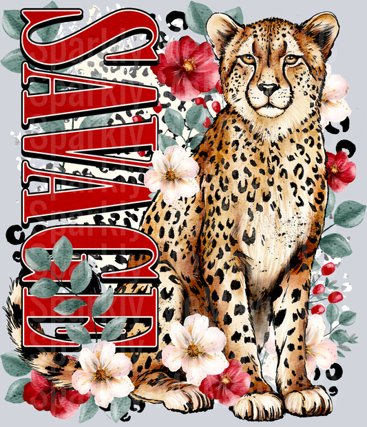 Cheetah with Red Hibiscus Flowers and Leopard Print Background UV DTF Decal