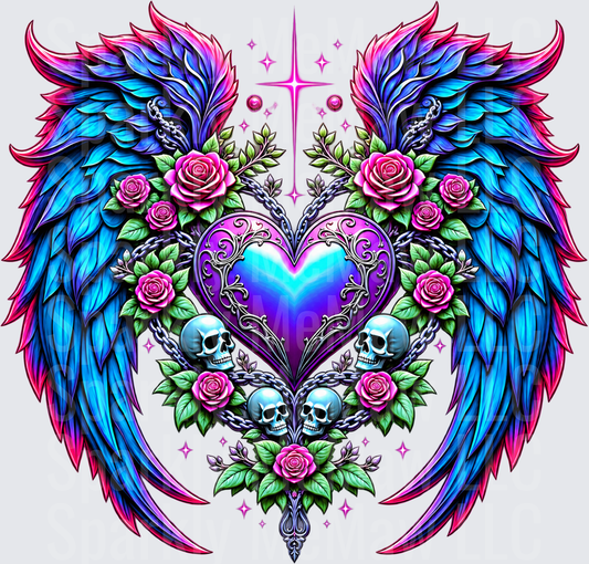 Gothic Heart Wings Skulls Roses DTF Transfer for Fabrics