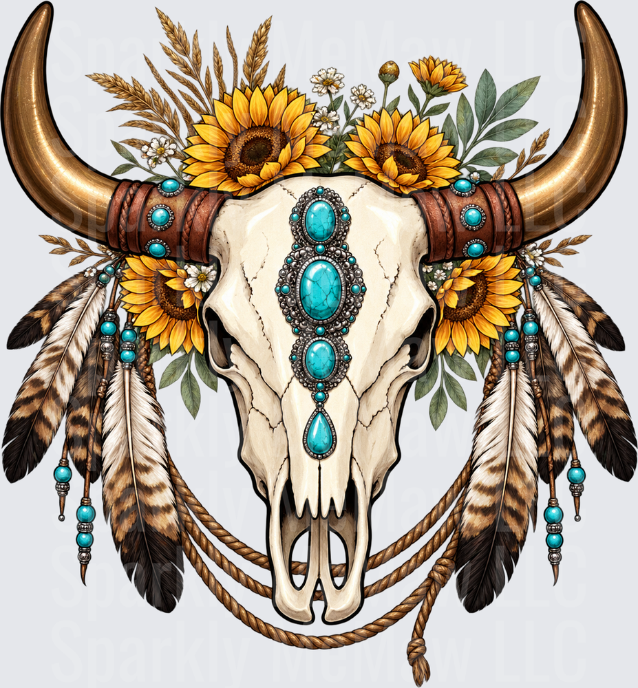 Boho Bull Skull Sunflower Turquoise is a DTF Transfer for Fabrics