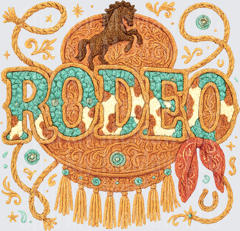 UV DTF Decal – Rodeo Embroidery Style Western Tooled Leather Belt Buckle Design with Rearing Horse Turquoise Lettering Lasso Rope Bandana and Fringe Tassels