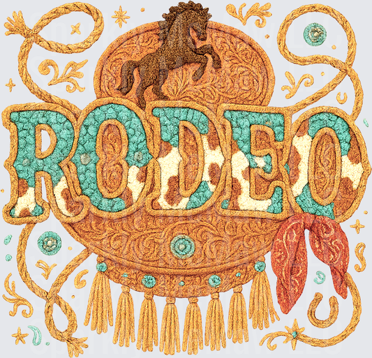 UV DTF Decal – Rodeo Embroidery Style Western Tooled Leather Belt Buckle Design with Rearing Horse Turquoise Lettering Lasso Rope Bandana and Fringe Tassels