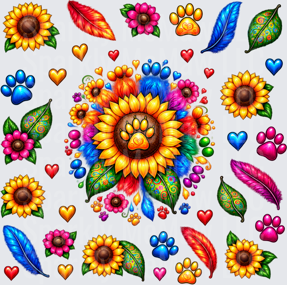 Sunflower Paw Print Rainbow Burst is a 10X10 uv dtf full sheet