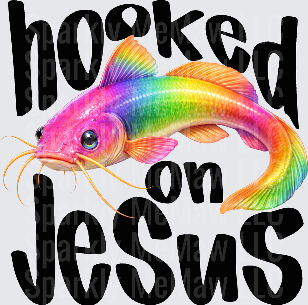 Hooked on Jesus Rainbow Fish Christian Faith Design UV DTF Decal