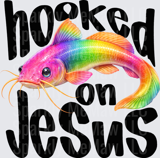 Hooked on Jesus Rainbow Fish Christian Faith Design UV DTF Decal