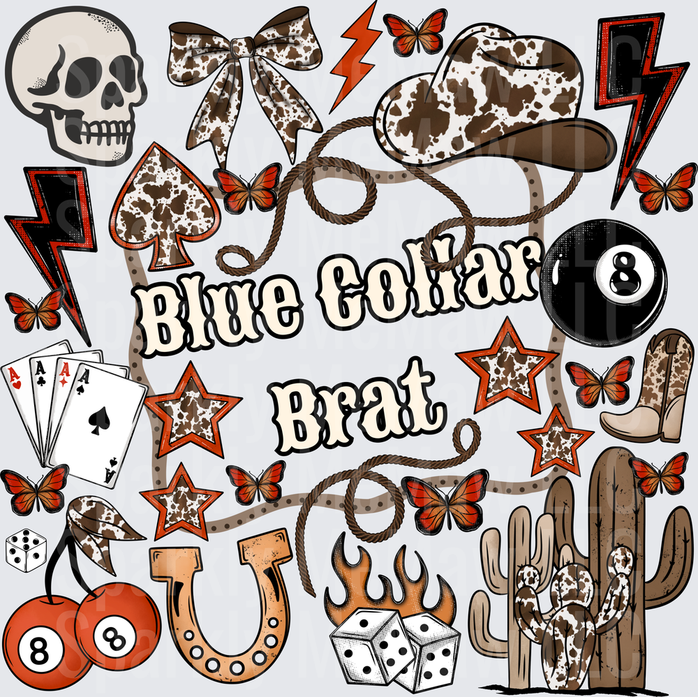 Blue Collar Brat Western Cowgirl Skull Lightning Boots Pattern UV DTF Decal