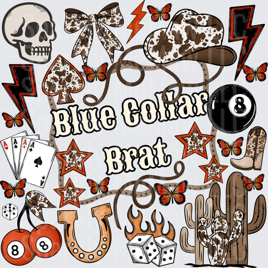 Blue Collar Brat Western Cowgirl Skull Lightning Boots Pattern UV DTF Decal
