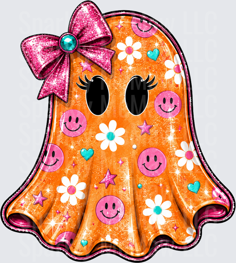 Kawaii Orange Ghost with Pink Glitter Bow and Smiley Face Pattern DTF Transfer