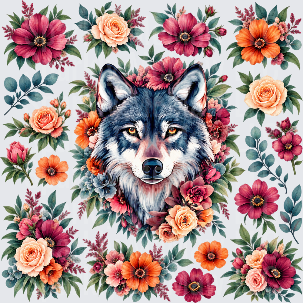 Floral Wolf Portrait 10x10 Cut and Stick UV Sheet