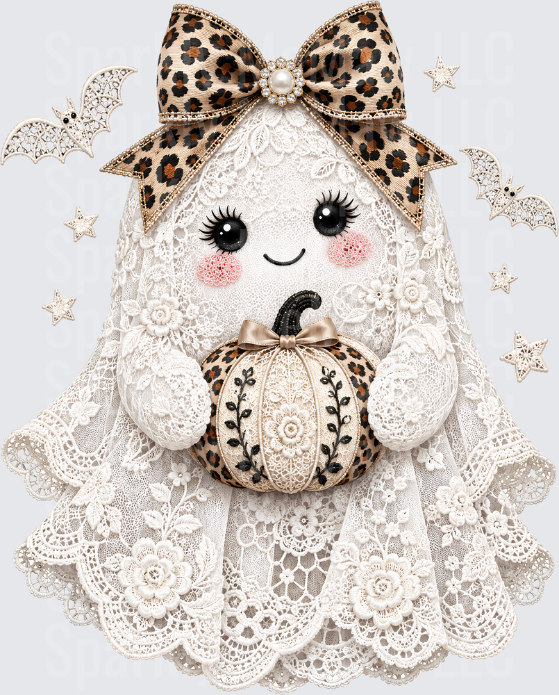 Cute Lace Ghost with Leopard Print Bow and Embroidered Pumpkin Halloween DTF Transfer for Fabrics