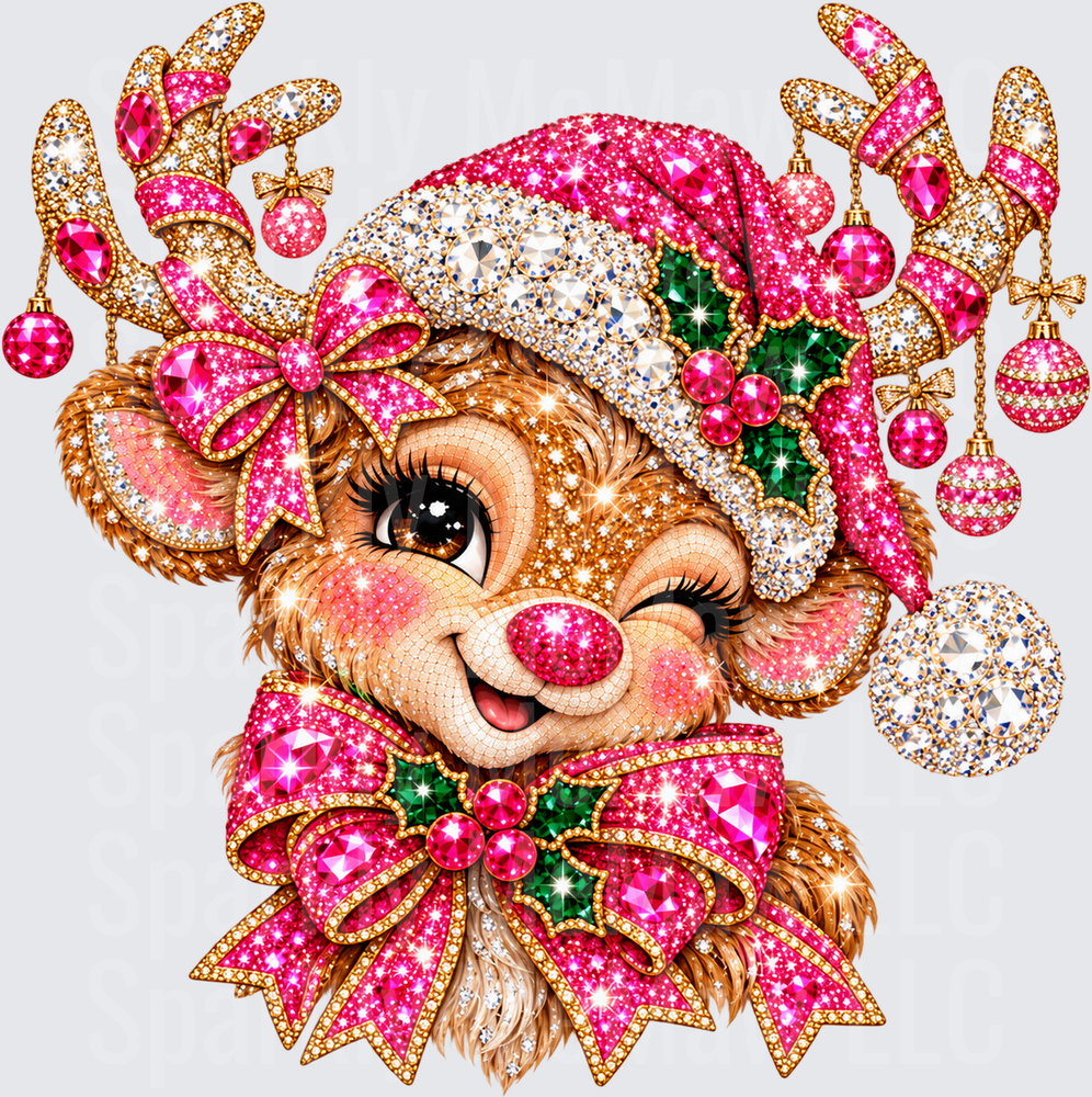 Glittery Christmas Reindeer Wink is a DTF Transfer for Fabrics