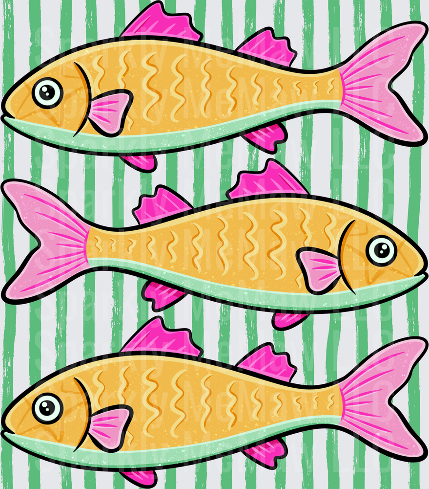 Three Golden Fish with Pink Fins Swimming on Green Striped Background UV DTF Decal